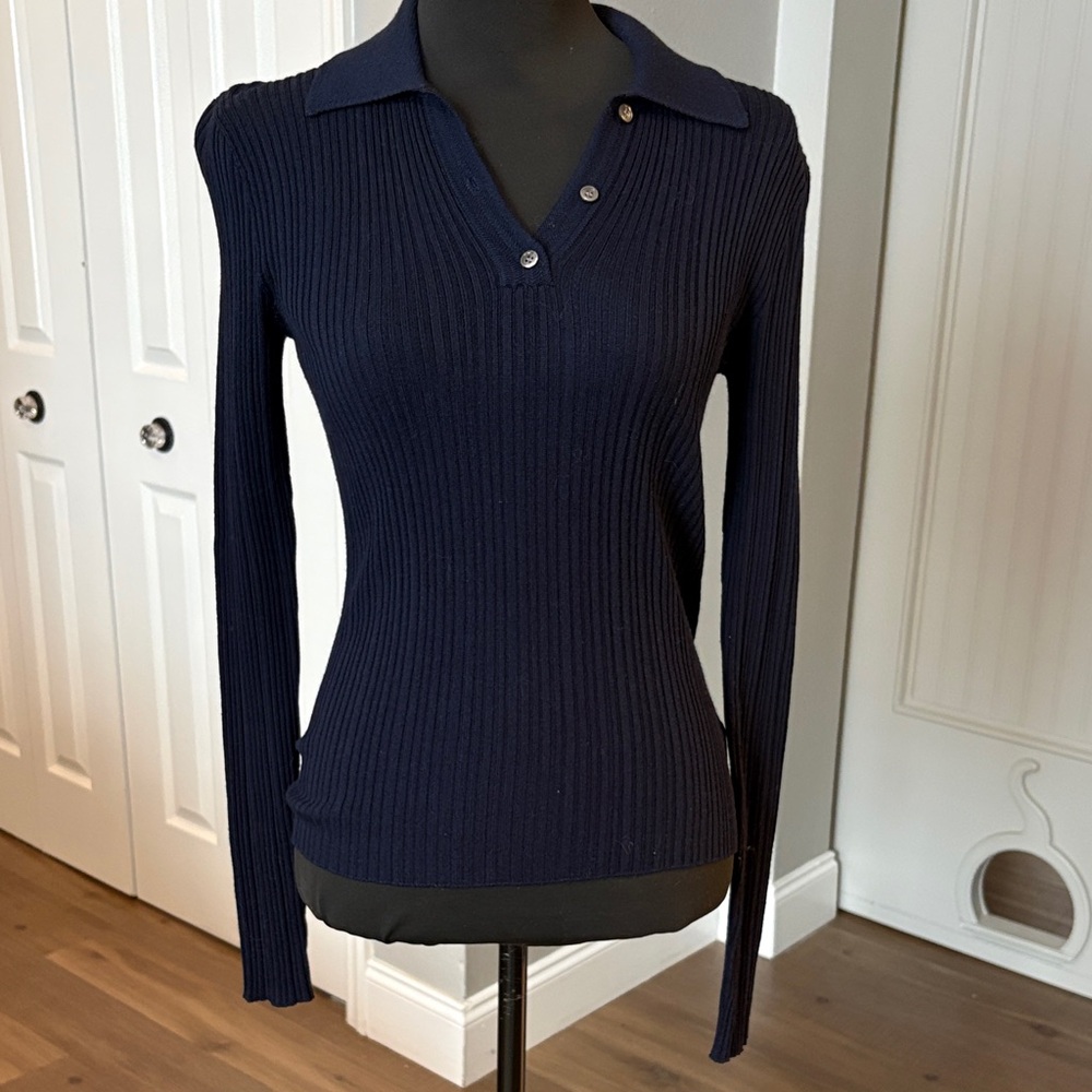 Theory Dark Ribbed Polo Sweater